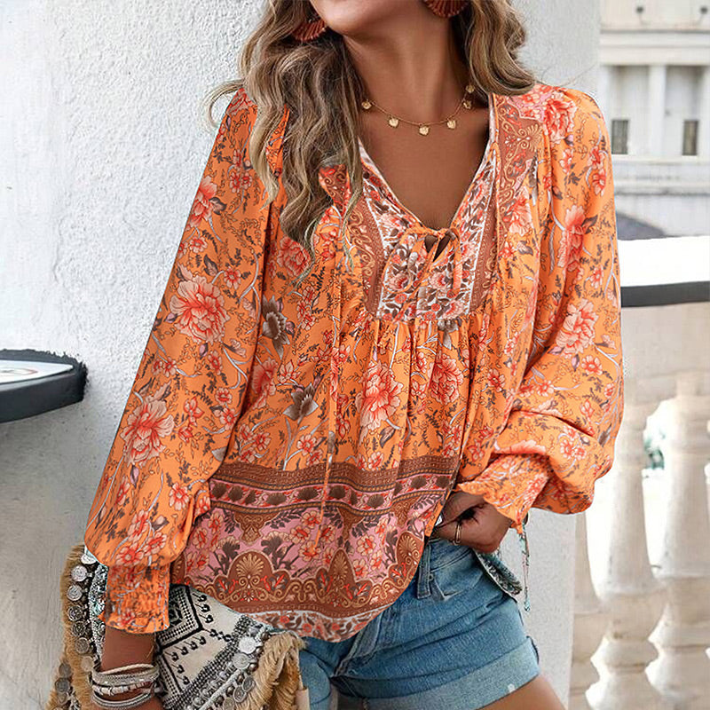 Katia - Camisa Elegante Com Decote em V e Mangas Compridas Estampada