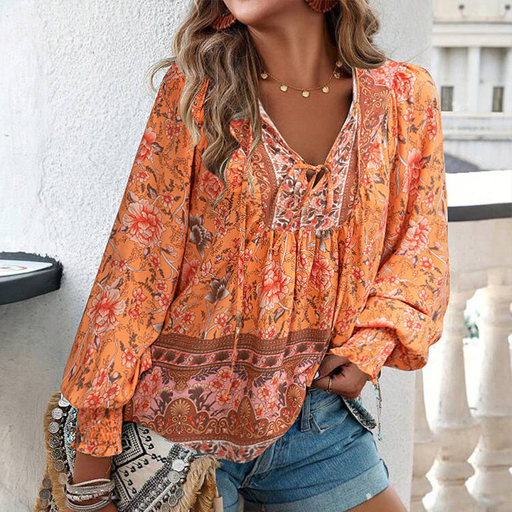 Katia - Camisa Elegante Com Decote em V e Mangas Compridas Estampada
