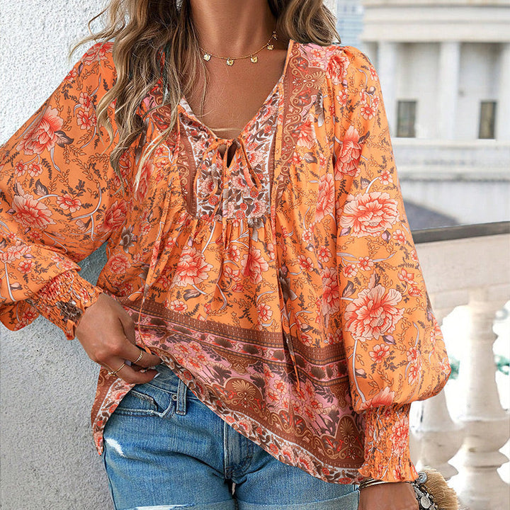 Katia - Camisa Elegante Com Decote em V e Mangas Compridas Estampada
