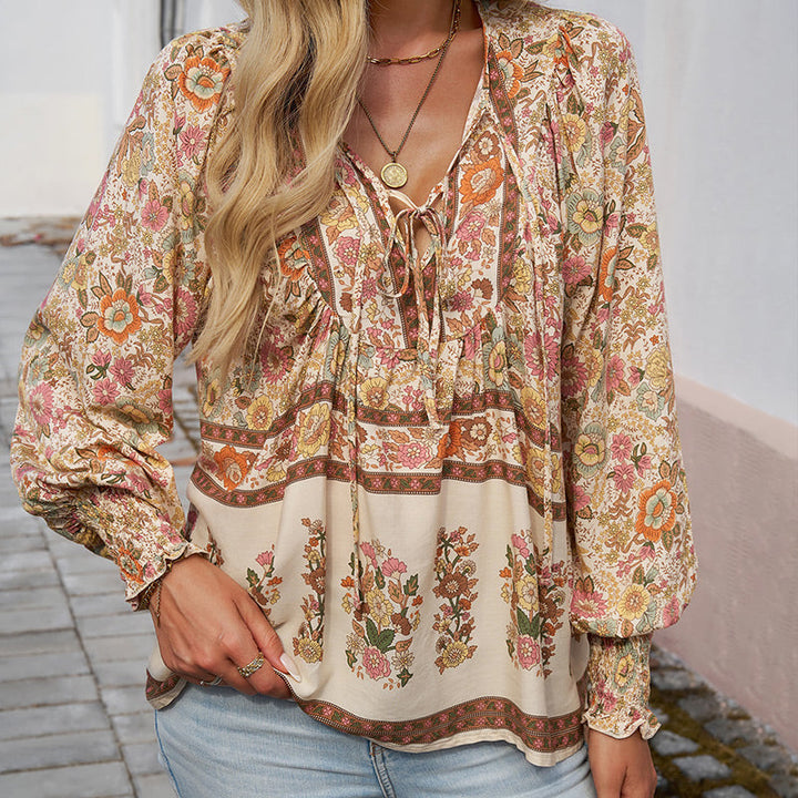 Katia - Camisa Elegante Com Decote em V e Mangas Compridas Estampada