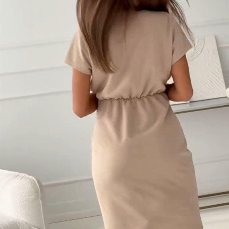 Jaclyn - Vestido curto com Decote em V, Mangas Curtas e Cintura Marcada