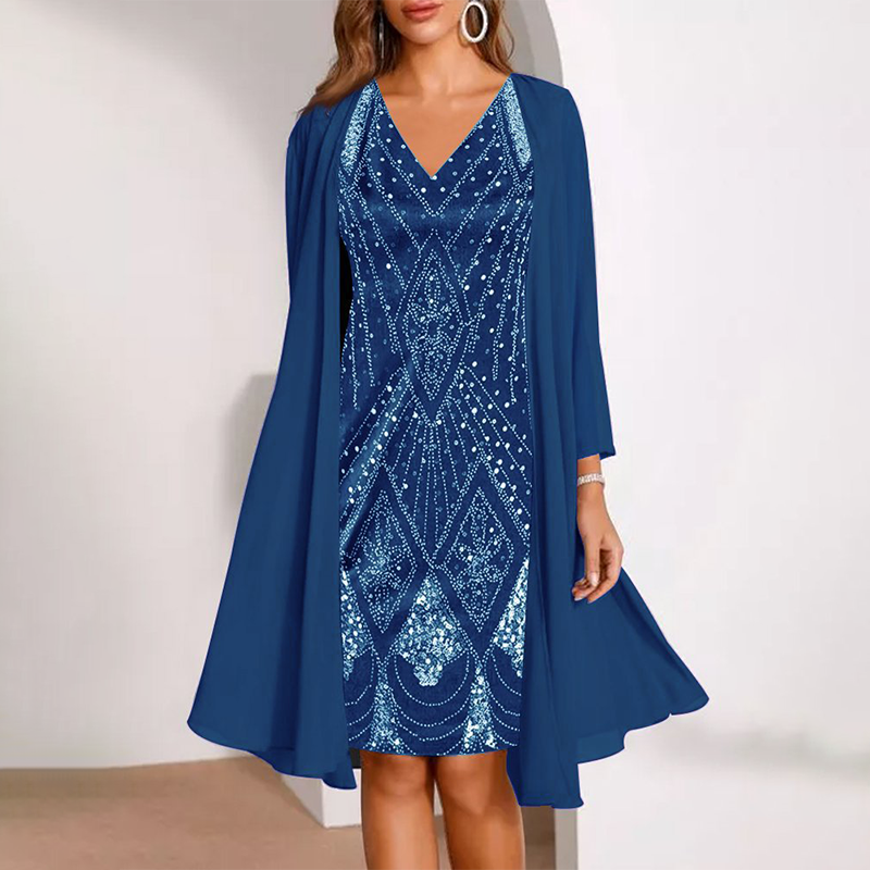 Kamla - Vestido Brilhante Com Decote Em V e Capa Transparente