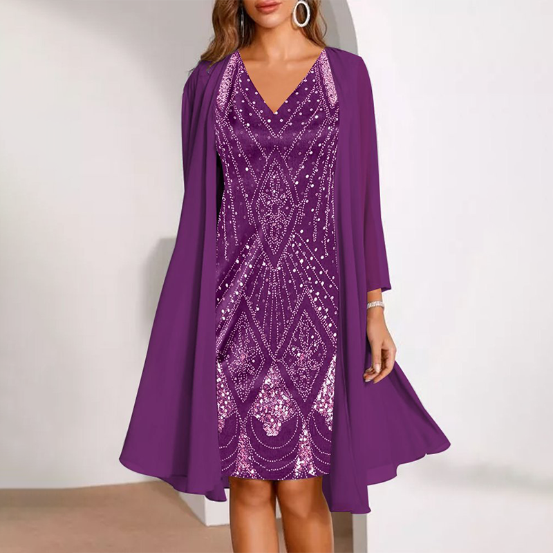 Kamla - Vestido Brilhante Com Decote Em V e Capa Transparente