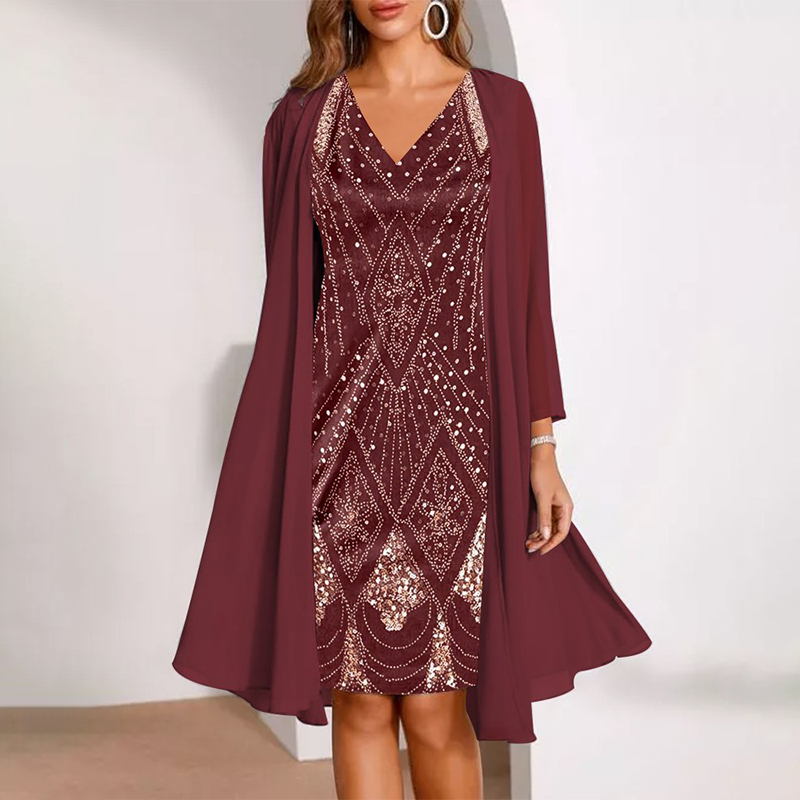 Kamla - Vestido Brilhante Com Decote Em V e Capa Transparente