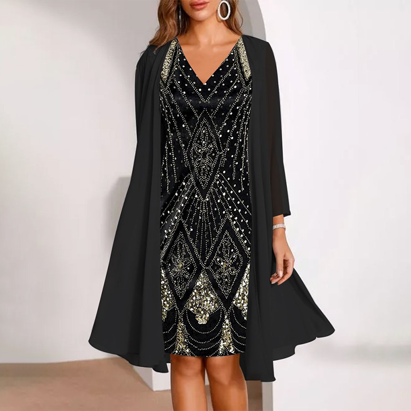 Kamla - Vestido Brilhante Com Decote Em V e Capa Transparente