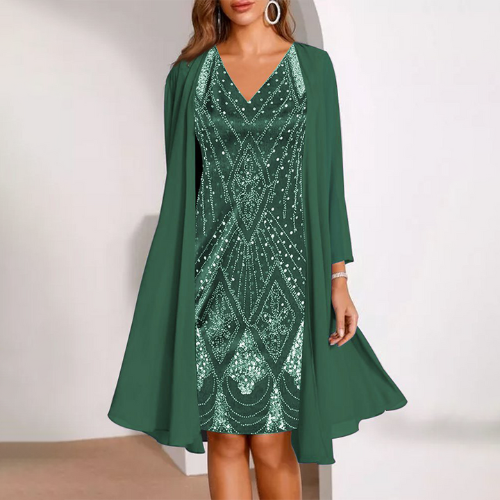 Kamla - Vestido Brilhante Com Decote Em V e Capa Transparente