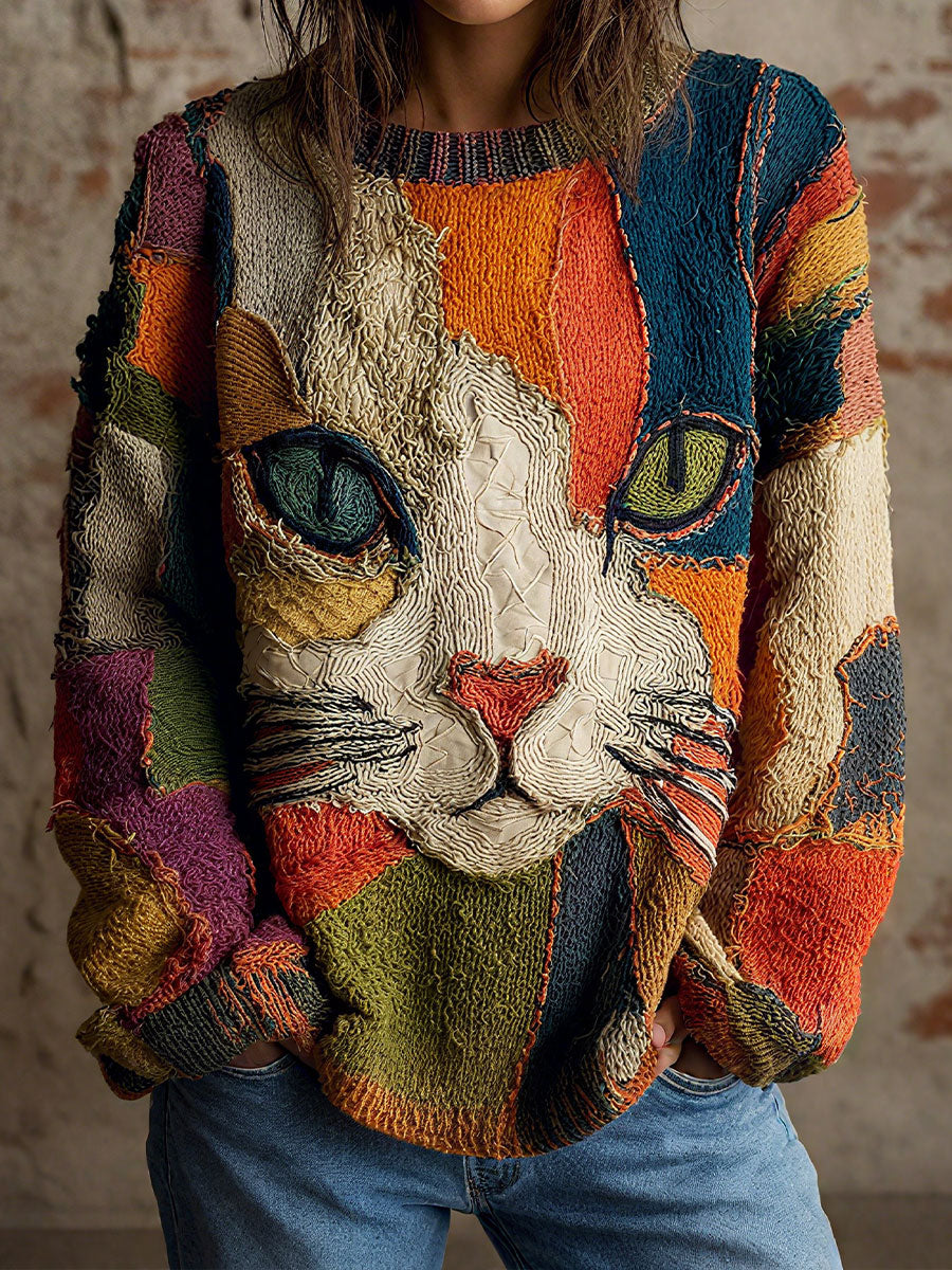 Chaya - Top Casual Artístico com Patchwork de Rosto de Gato