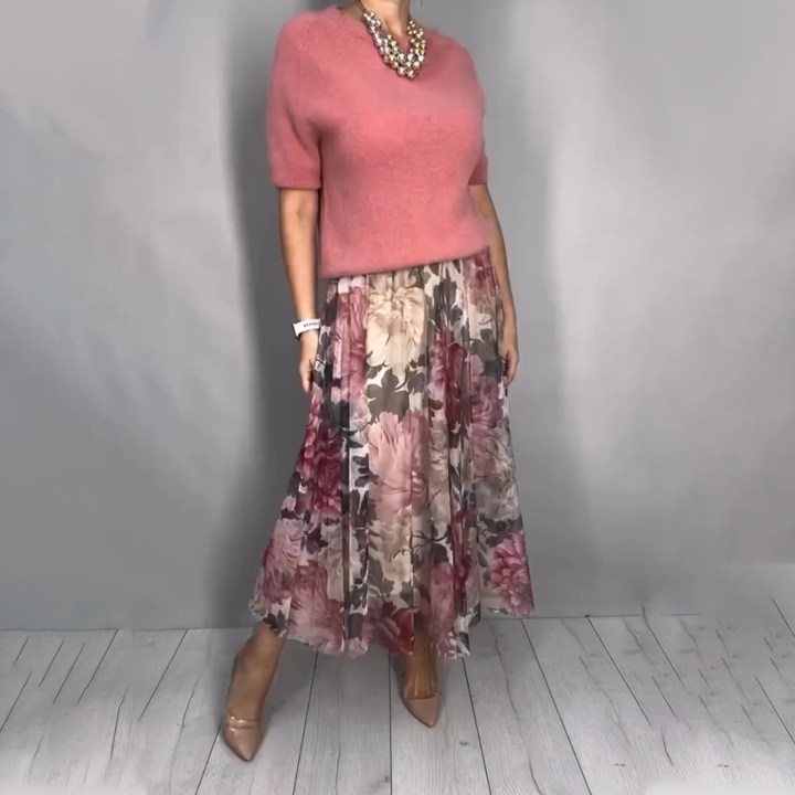 Nirosha - Top de Malha Com Padrão Floral Elegante e Saia Midi