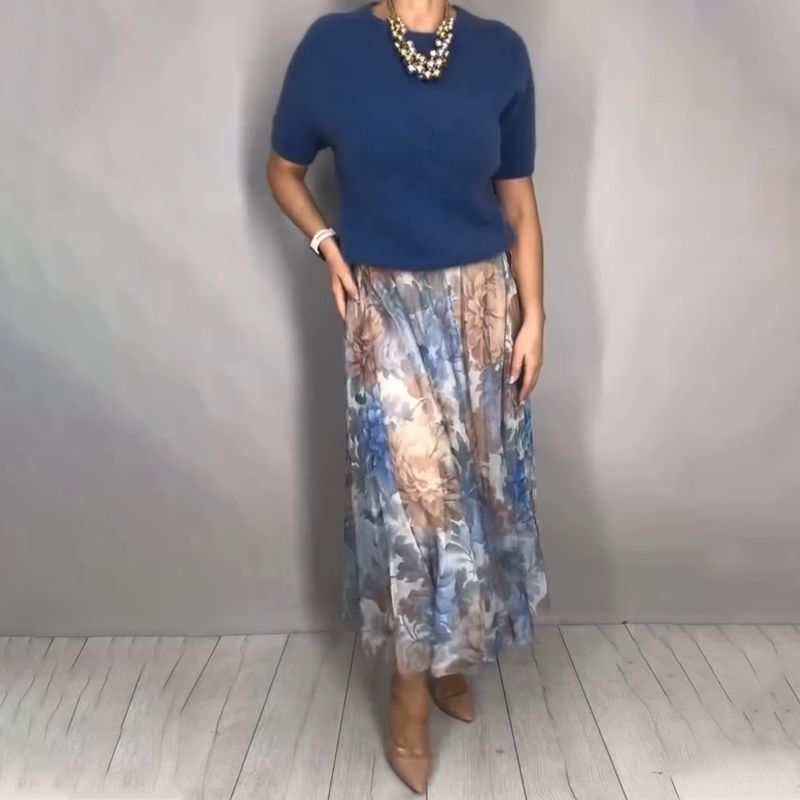 Nirosha - Top de Malha Com Padrão Floral Elegante e Saia Midi