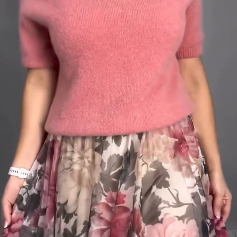 Nirosha - Top de Malha Com Padrão Floral Elegante e Saia Midi
