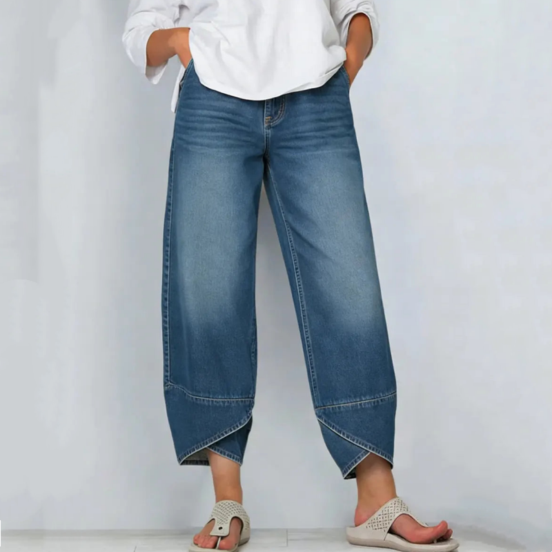 Synira - Calça De Ganga Recortada Casual De Pernas Largas