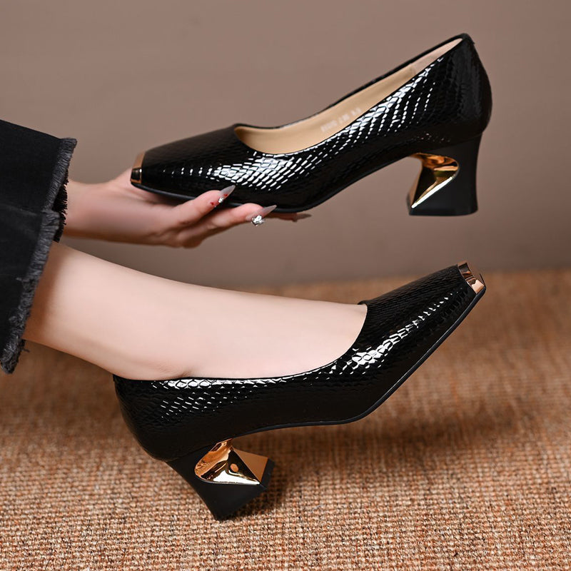 Jeong - Sapatos De Salto Quadrado Com Padrão De Pele De Cobra