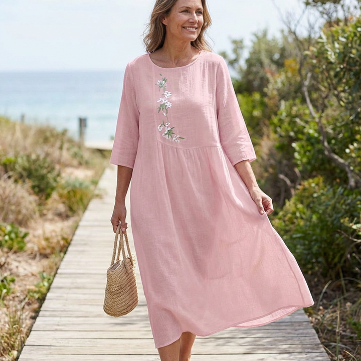 Molaka - Vestido Midi Confortável Em Linho Bordado