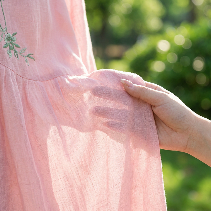 Molaka - Vestido Midi Confortável Em Linho Bordado