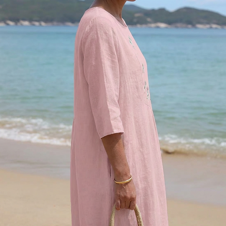 Molaka - Vestido Midi Confortável Em Linho Bordado