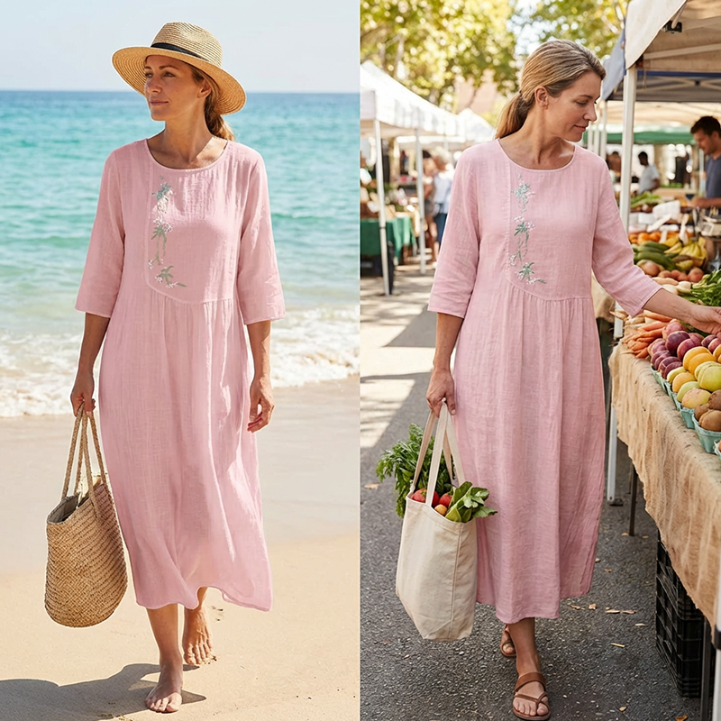 Molaka - Vestido Midi Confortável Em Linho Bordado