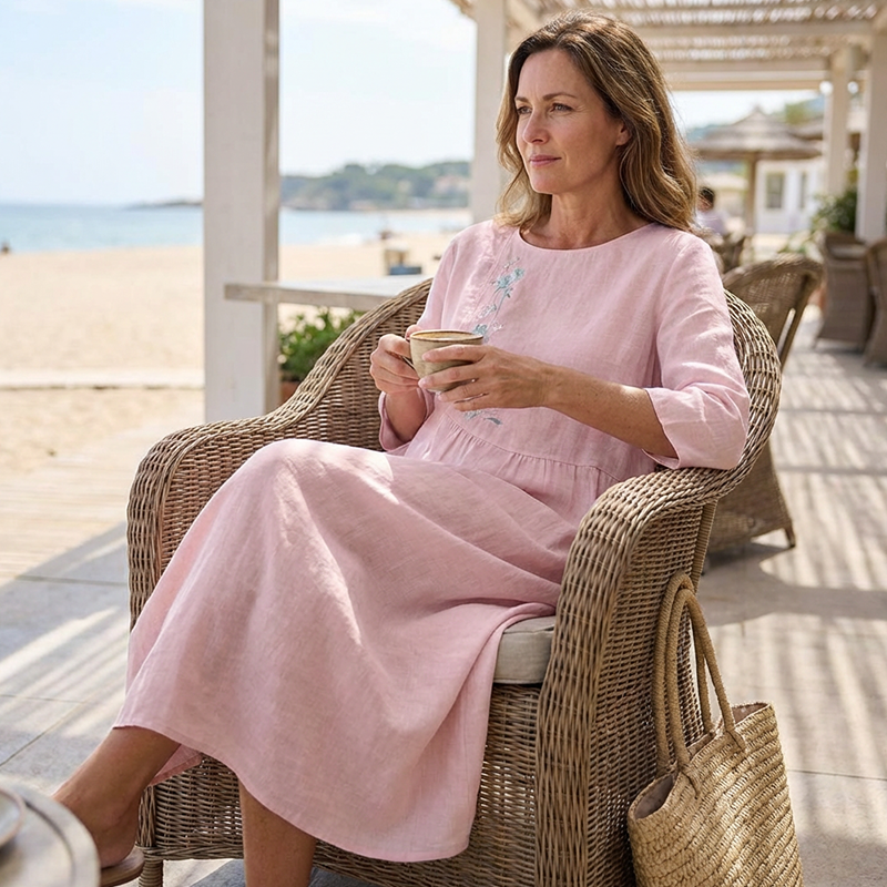 Molaka - Vestido Midi Confortável Em Linho Bordado