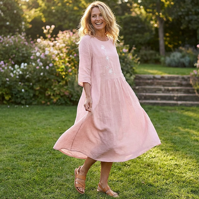 Molaka - Vestido Midi Confortável Em Linho Bordado