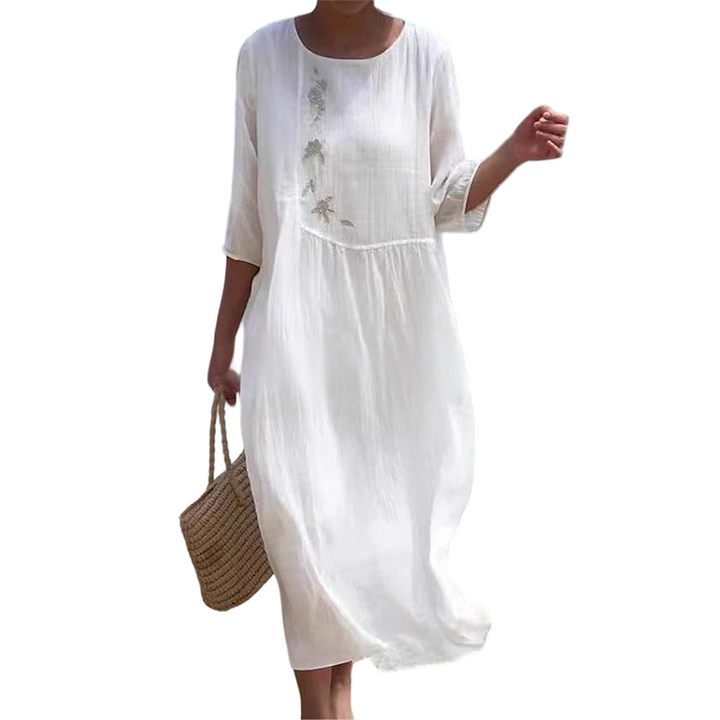 Molaka - Vestido Midi Confortável Em Linho Bordado