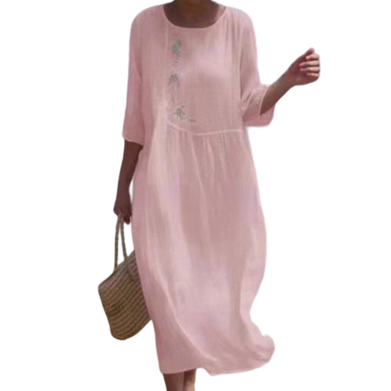 Molaka - Vestido Midi Confortável Em Linho Bordado