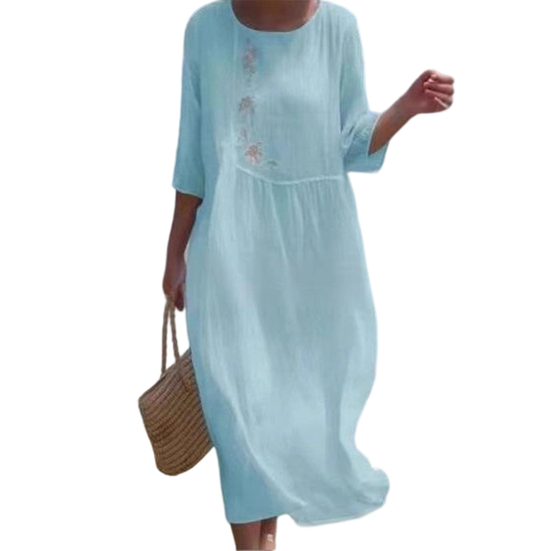Molaka - Vestido Midi Confortável Em Linho Bordado