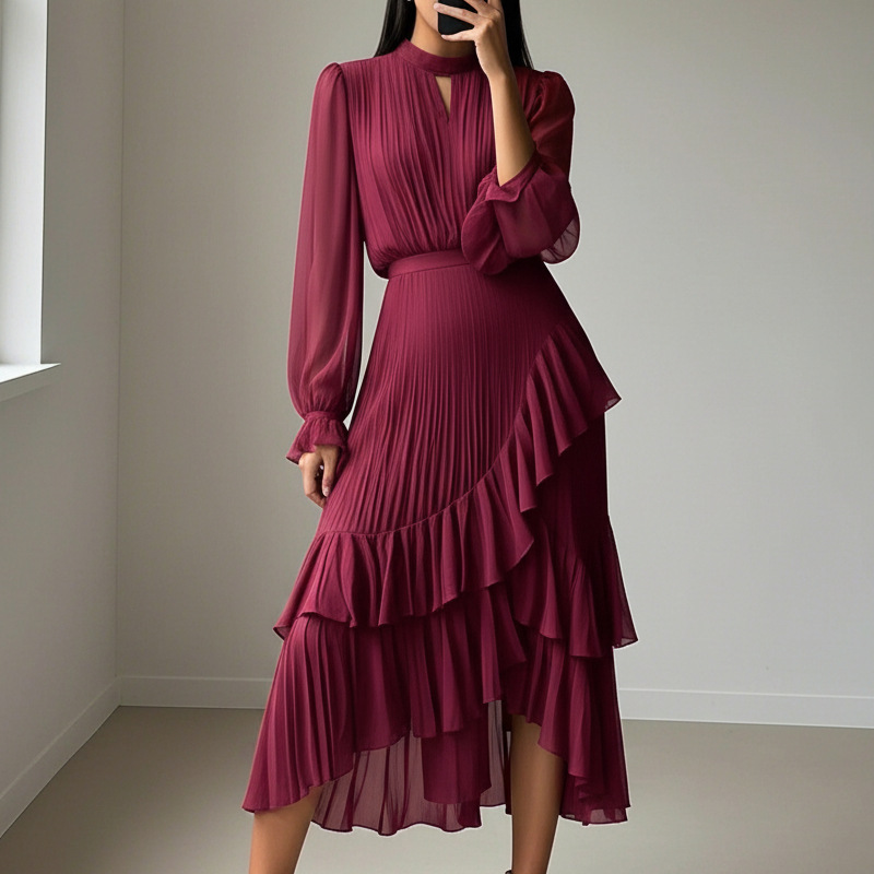 Daryna - Vestido Midi Plissado Com Decote Em Forma De Fechadura