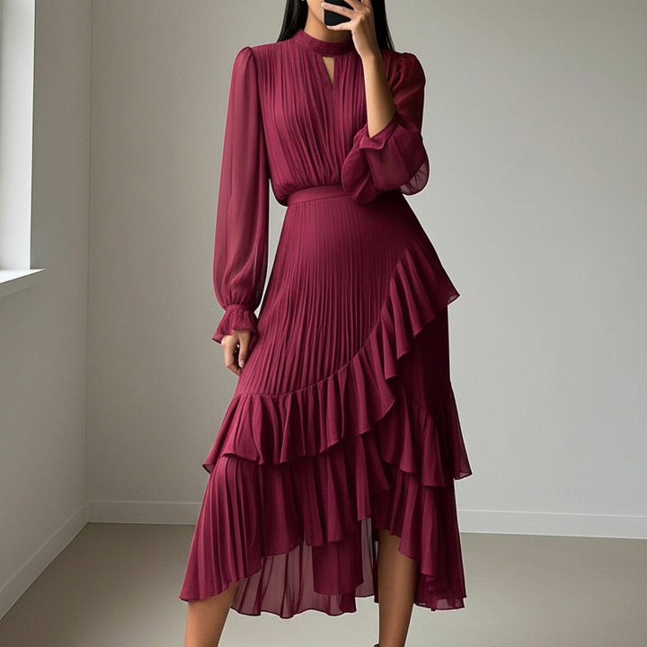 Daryna - Vestido Midi Plissado Com Decote Em Forma De Fechadura