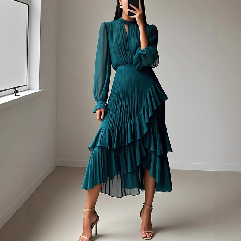 Daryna - Vestido Midi Plissado Com Decote Em Forma De Fechadura