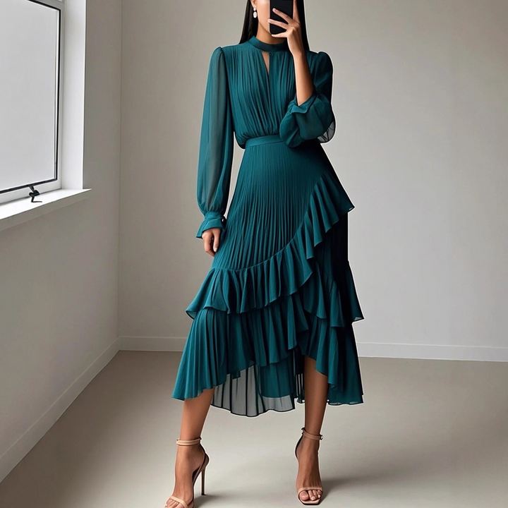 Daryna - Vestido Midi Plissado Com Decote Em Forma De Fechadura