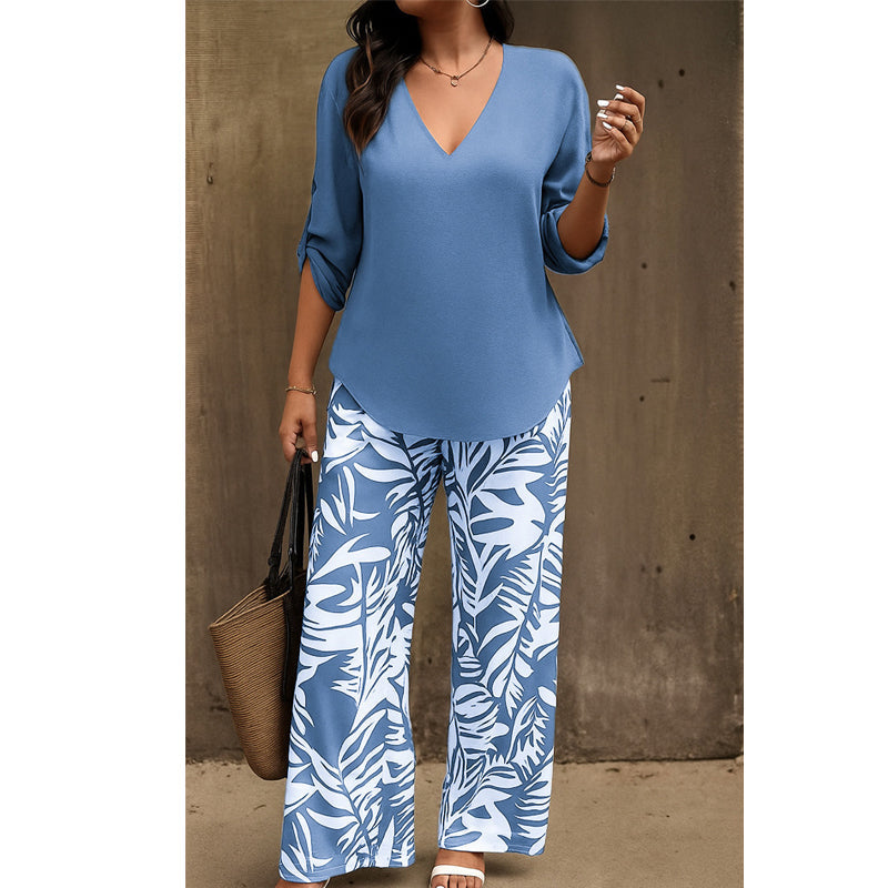 Liwia - Conjunto Elegante De Verão Com Blusa Com Decote Em V E Calças Estampadas