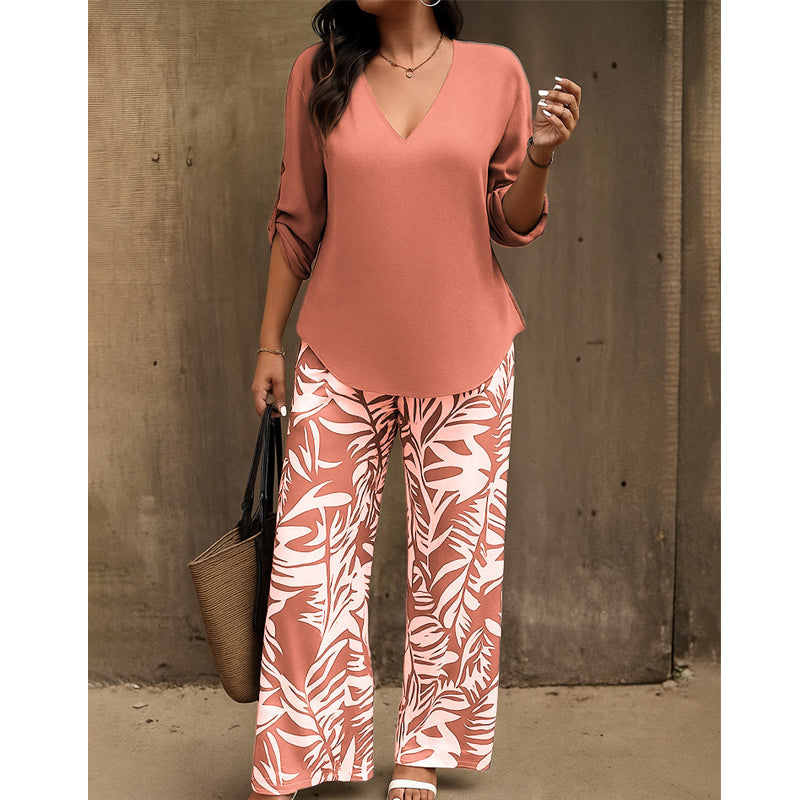 Liwia - Conjunto Elegante De Verão Com Blusa Com Decote Em V E Calças Estampadas