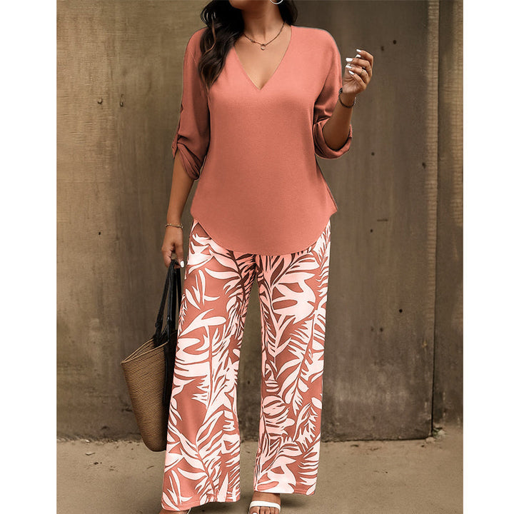 Liwia - Conjunto Elegante De Verão Com Blusa Com Decote Em V E Calças Estampadas