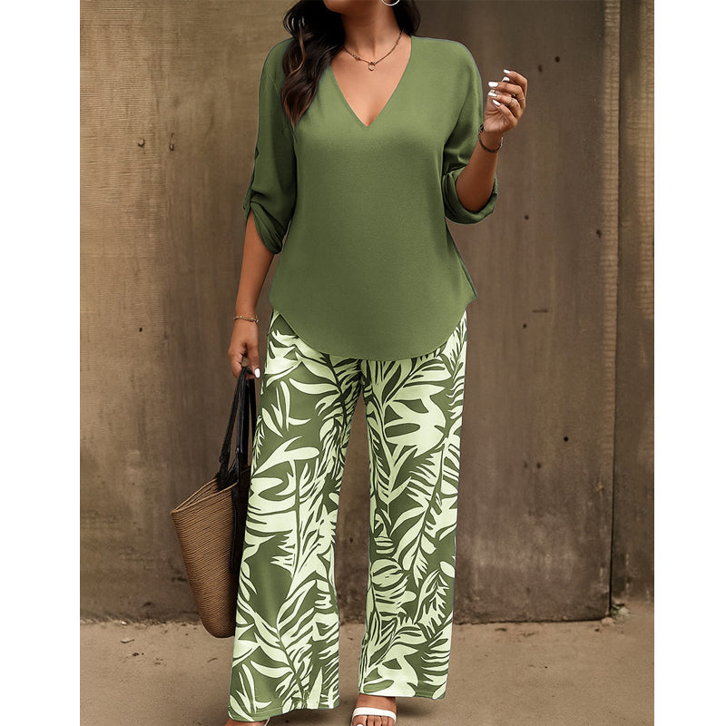 Liwia - Conjunto Elegante De Verão Com Blusa Com Decote Em V E Calças Estampadas