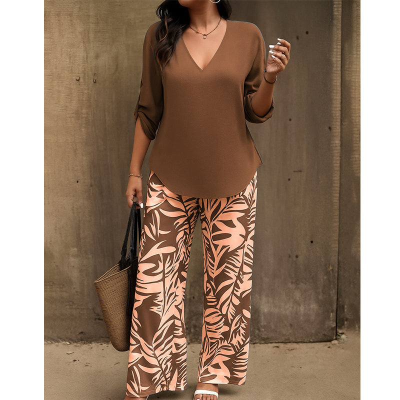 Liwia - Conjunto Elegante De Verão Com Blusa Com Decote Em V E Calças Estampadas