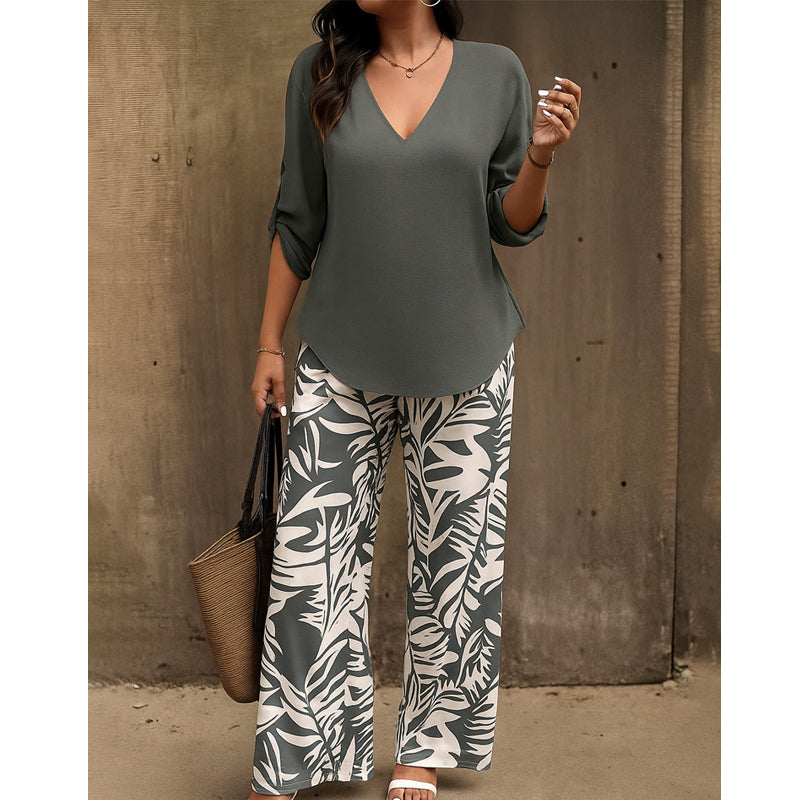Liwia - Conjunto Elegante De Verão Com Blusa Com Decote Em V E Calças Estampadas