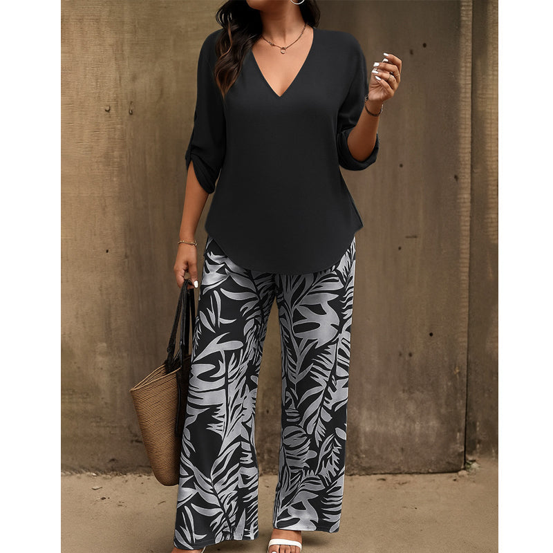 Liwia - Conjunto Elegante De Verão Com Blusa Com Decote Em V E Calças Estampadas