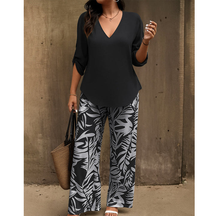 Liwia - Conjunto Elegante De Verão Com Blusa Com Decote Em V E Calças Estampadas