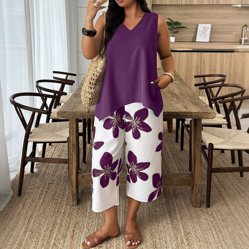 Aniza - Top Assimétrico e Calças Capri Com Padrão Floral