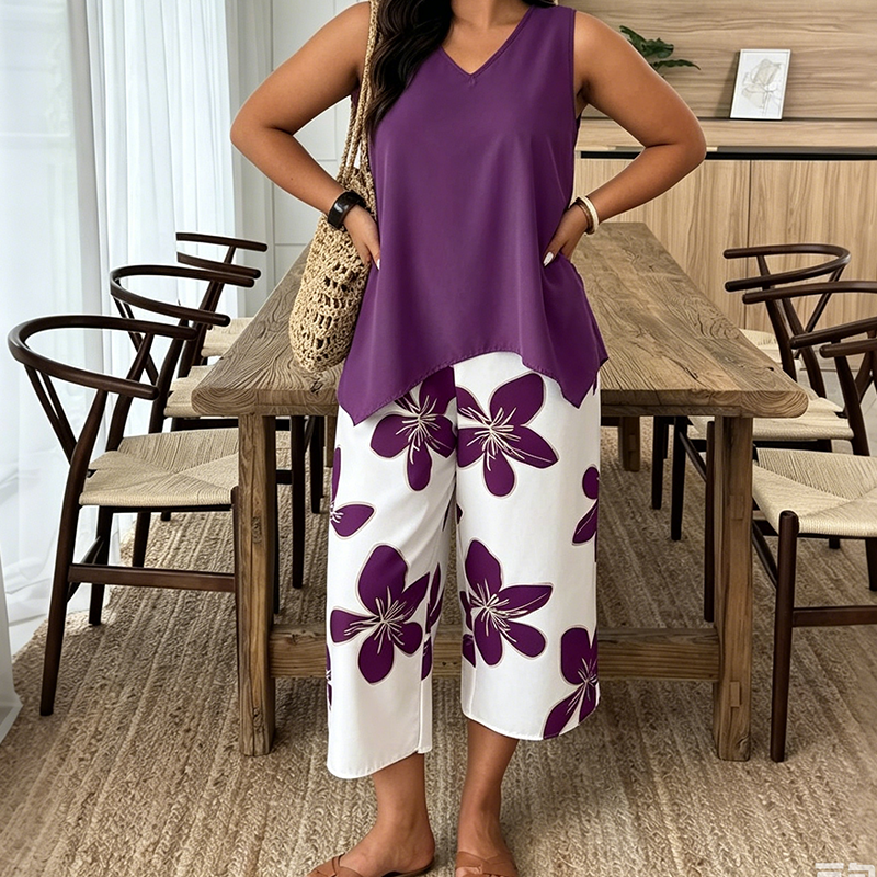 Aniza - Top Assimétrico e Calças Capri Com Padrão Floral