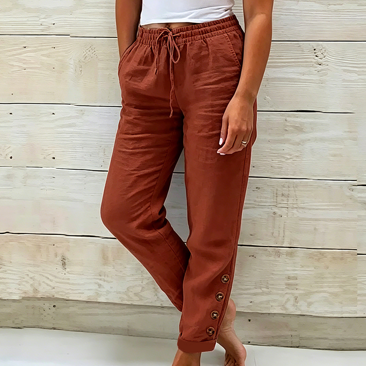 Skylie - Calças Elegantes Com Cordão Na Cintura E Botão