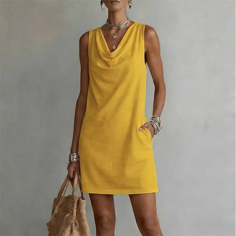 Nuham - Mini Vestido Casual de Linho Com Decote em Gola Alta