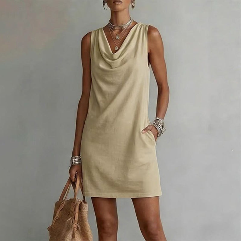 Nuham - Mini Vestido Casual de Linho Com Decote em Gola Alta
