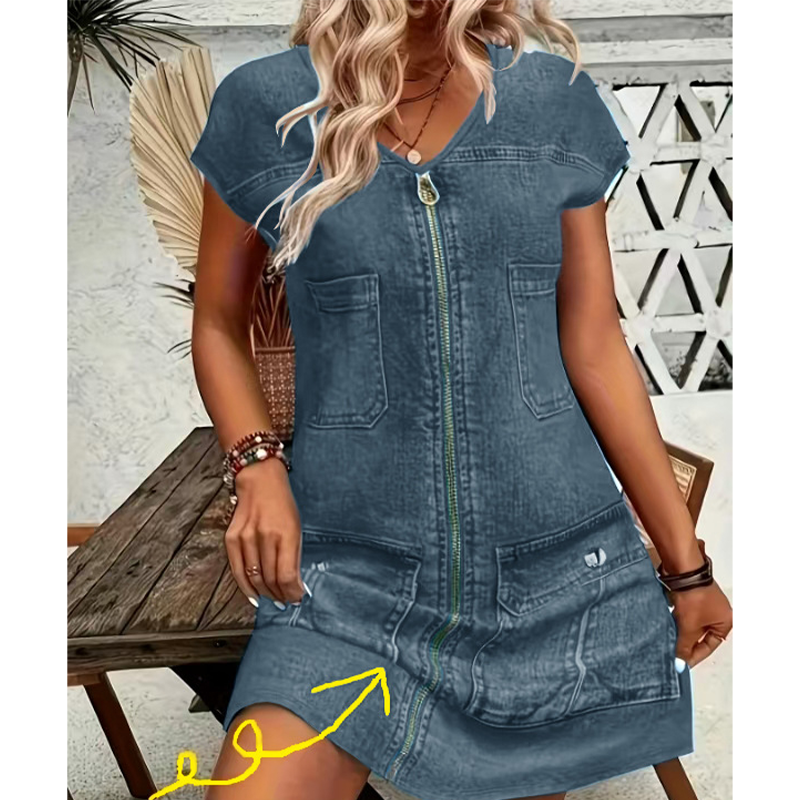 Esinila - Vestido De Ganga De Manga Curta Com Fecho