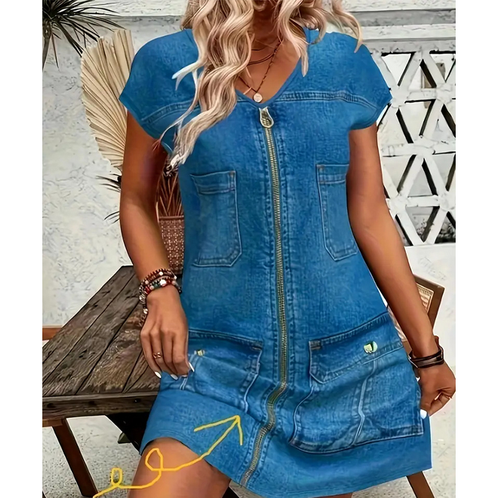 Esinila - Vestido De Ganga De Manga Curta Com Fecho
