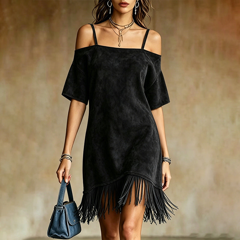 Lewina - Vestido Com Alças, Ombros à Mostra e Franjas