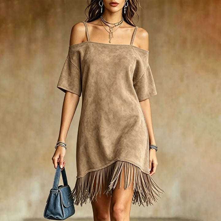 Lewina - Vestido Com Alças, Ombros à Mostra e Franjas