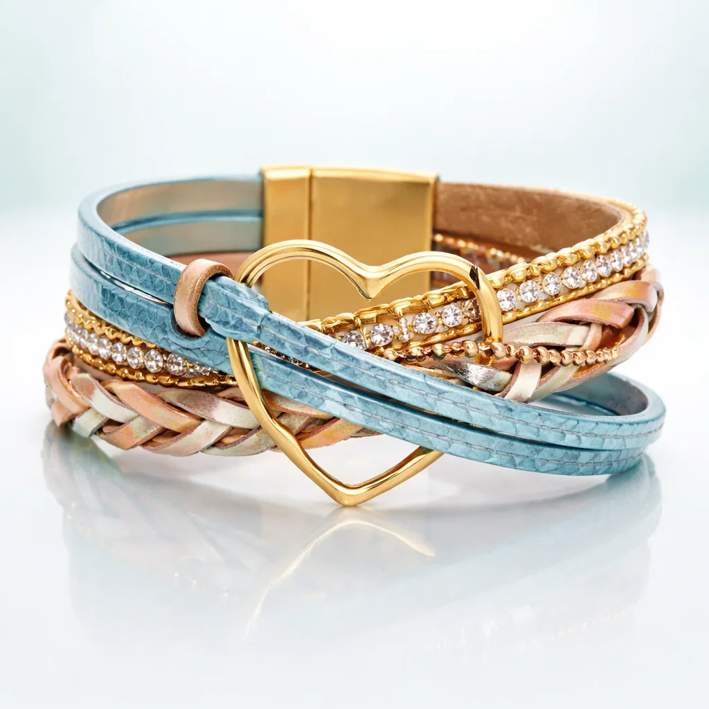 Reyn - Pulseira De Couro Em Camadas Com Pingente Em Forma De Coração