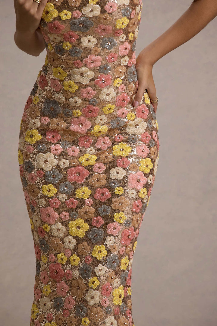 Lolita - Vestido maxi com Alças Finas e Lantejoulas Florais