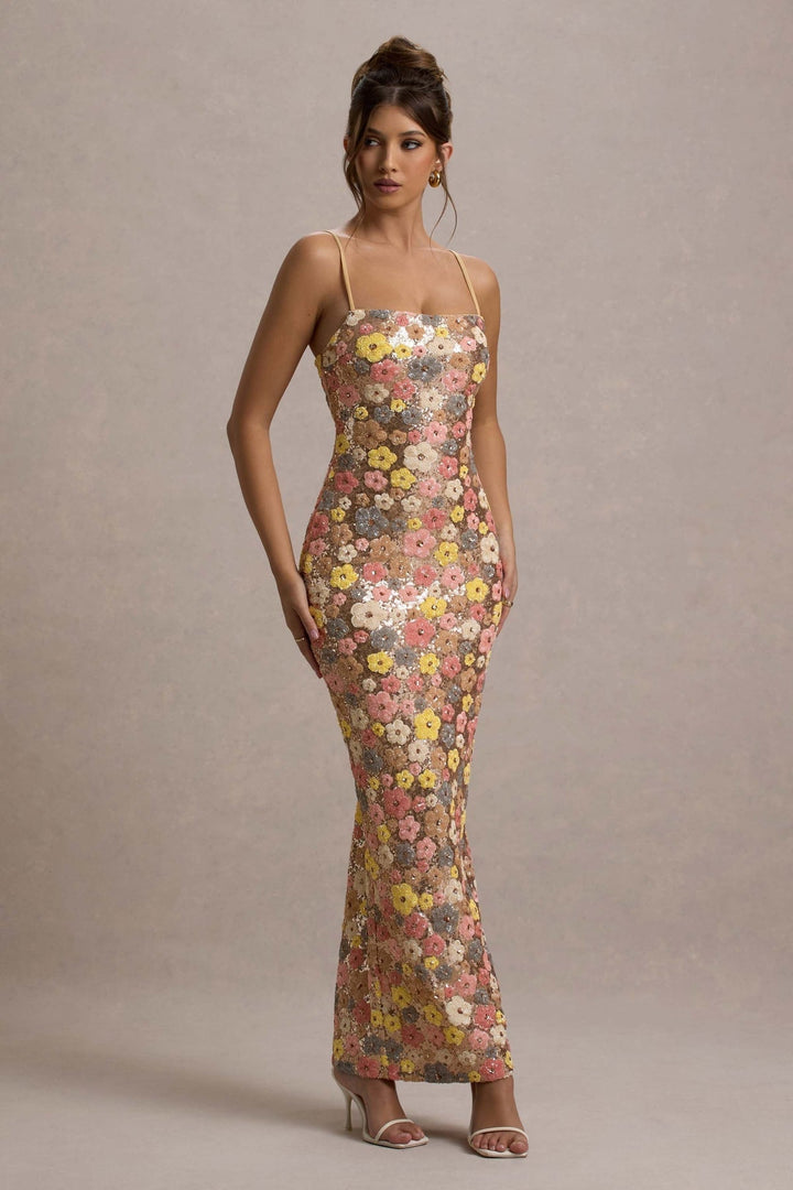 Lolita - Vestido maxi com Alças Finas e Lantejoulas Florais