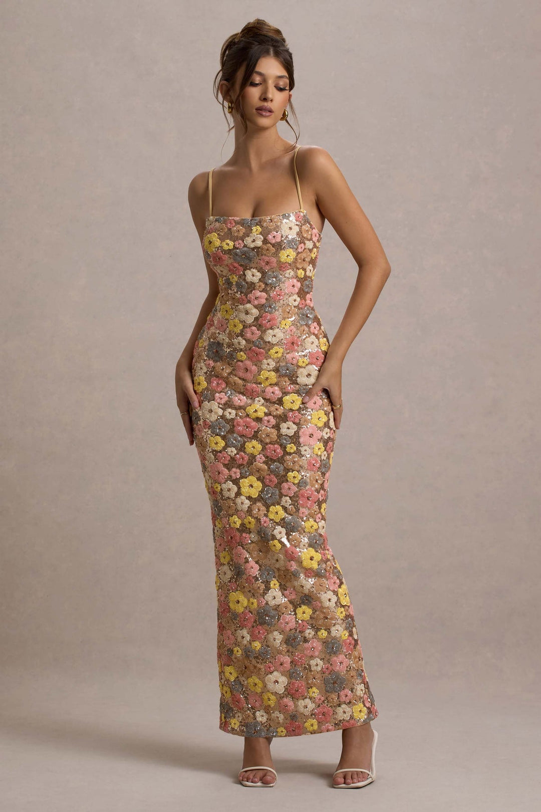Lolita - Vestido maxi com Alças Finas e Lantejoulas Florais